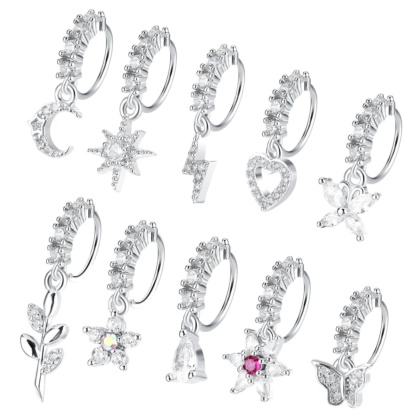 Telooco 20G Dangle Nose Rings Hoops 10Pcs Dangling Nose Piercing Jewelry Set Butterfly Heart Star Moon Cute Nose Rings for Women Girls(Silver)