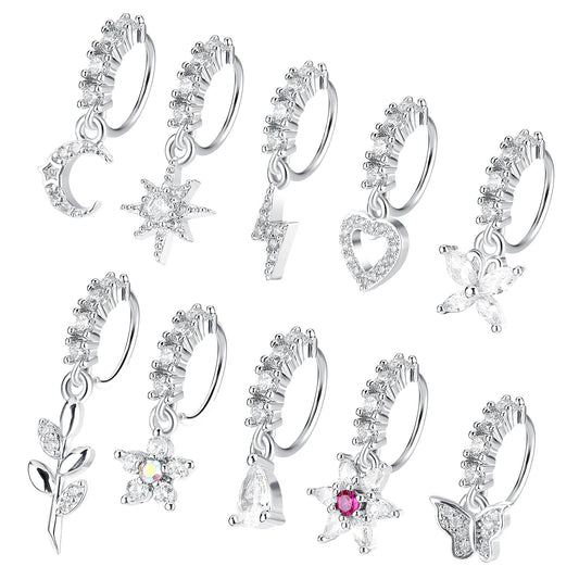 Telooco 20G Dangle Nose Rings Hoops 10Pcs Dangling Nose Piercing Jewelry Set Butterfly Heart Star Moon Cute Nose Rings for Women Girls(Silver)