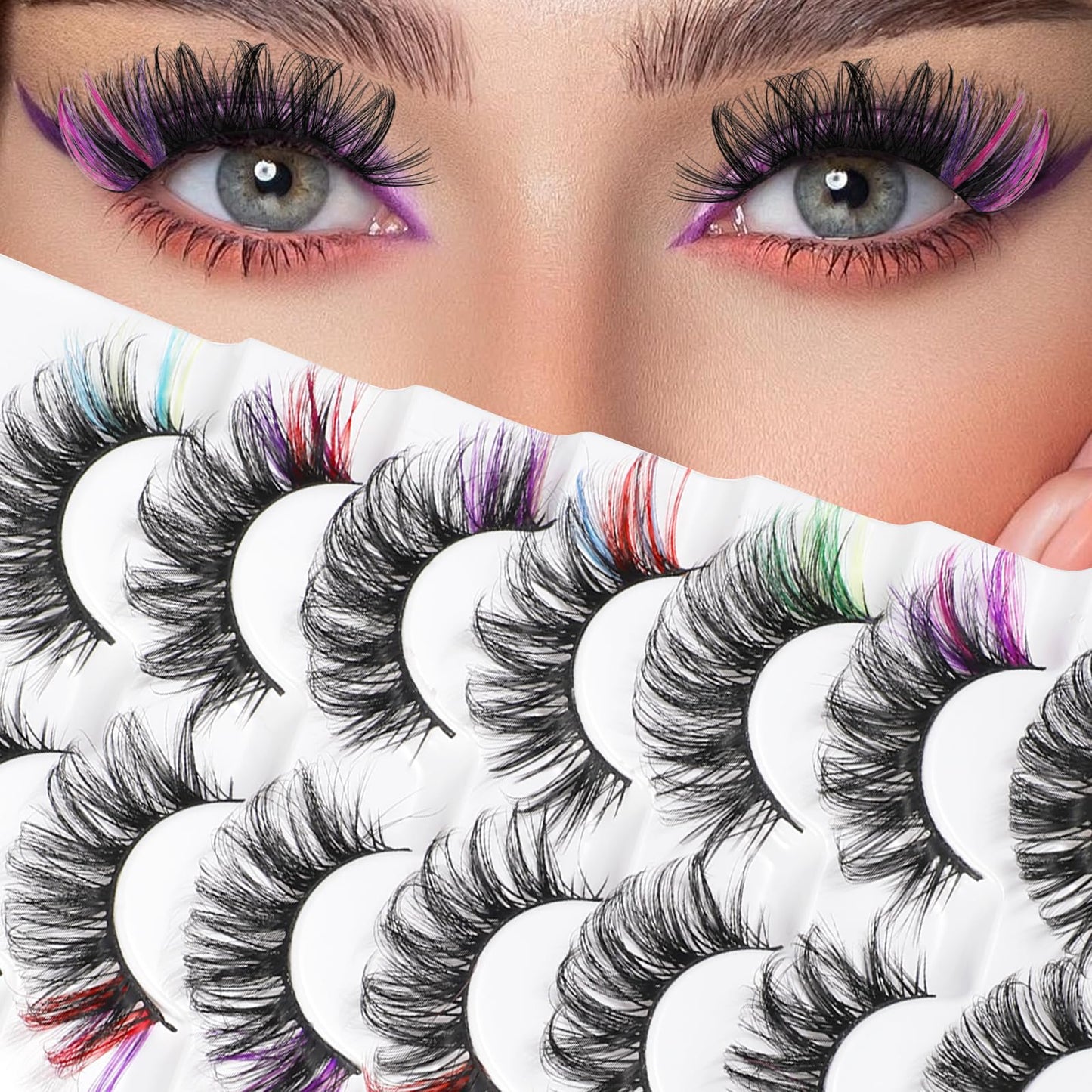 7 Pairs Colored Lashes Fluffy Colorful D Curl Lash Strips 3D Rainbow Lashes Mink False Lashes with Color Fox Eye Lashes Cosplay Lashes