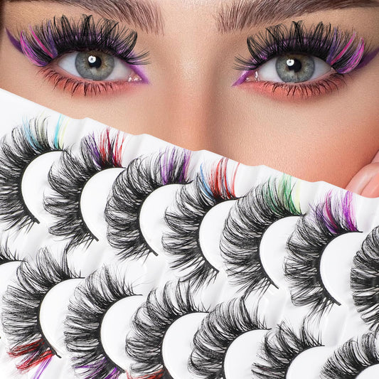 7 Pairs Colored Lashes Fluffy Colorful D Curl Lash Strips 3D Rainbow Lashes Mink False Lashes with Color Fox Eye Lashes Cosplay Lashes