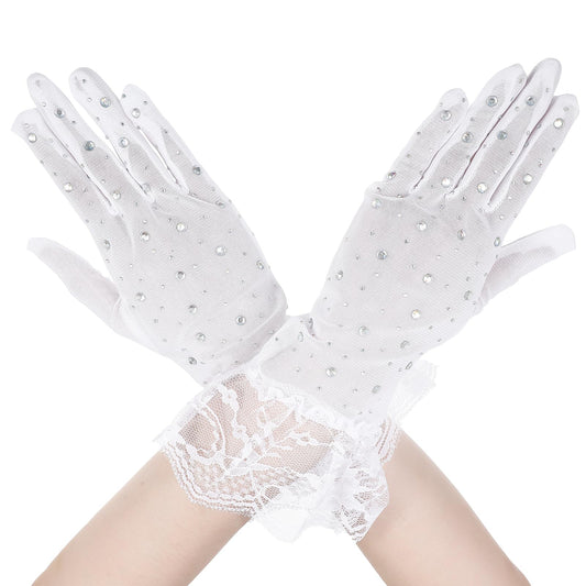 Lusofie Lace Gloves for Women with Glitter Rhinestones 1920s Elegant Opera Gloves Short Mesh Gloves for Wedding Dinner Tea Party Cosplay(White)