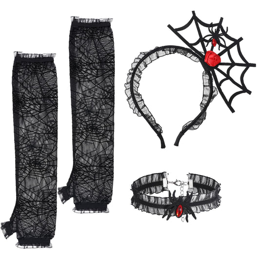 Lusofie Halloween Spider Headband for Women, Lace Spider Choker Necklace, Long Sleeve Glove Halloween Headband Accessories for Women Dress Up Cosplay Party(Black)
