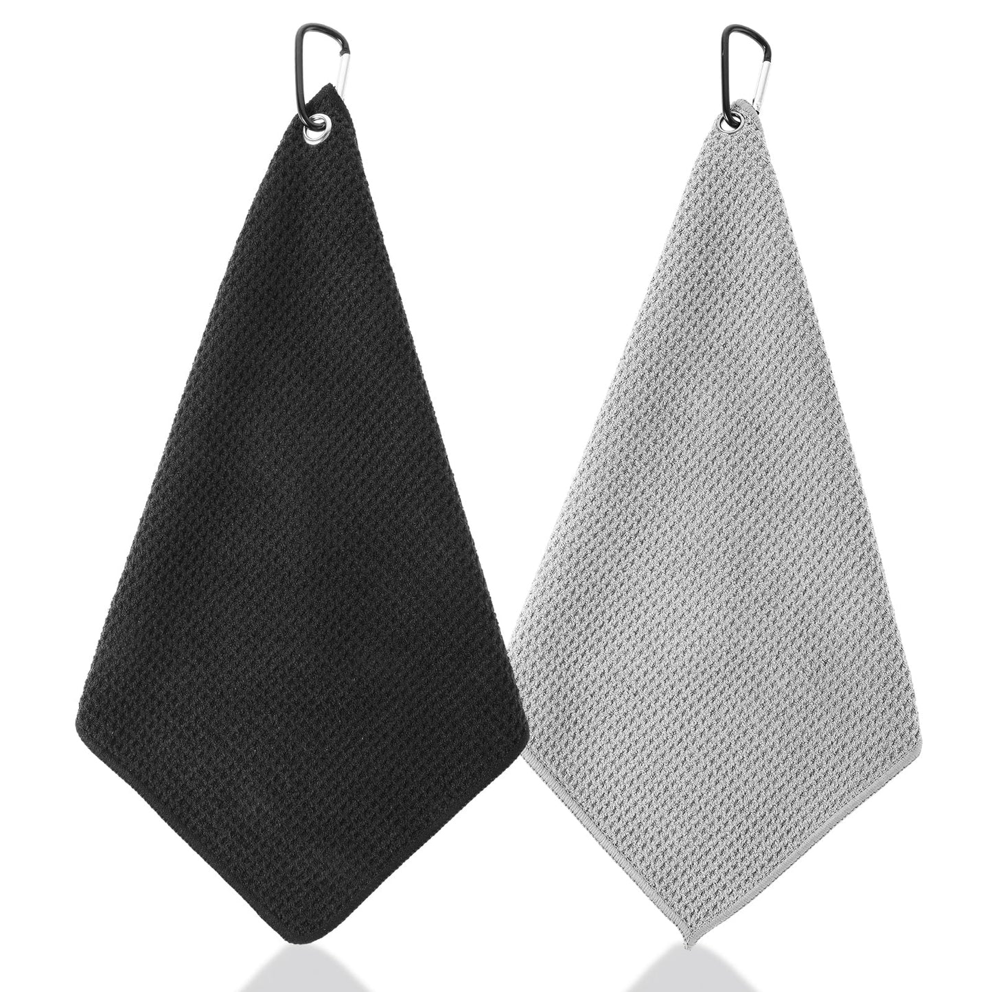 Tucnoeu 2Pcs Golf Rag with Carabiner Microfiber Fabric Waffle Pattern,Golf Bag Towel,Mens Black Golf Towel for Golf Bag (Black,Grey)