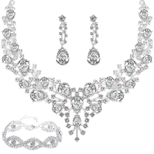 Bride Jewelry Set Rhinestone Wedding Jewelry Set Silver Crystal Wedding Necklace Bracelet Earrings Jewelry Set Bridesmaids Prom Jewelry Set for Women and Girls