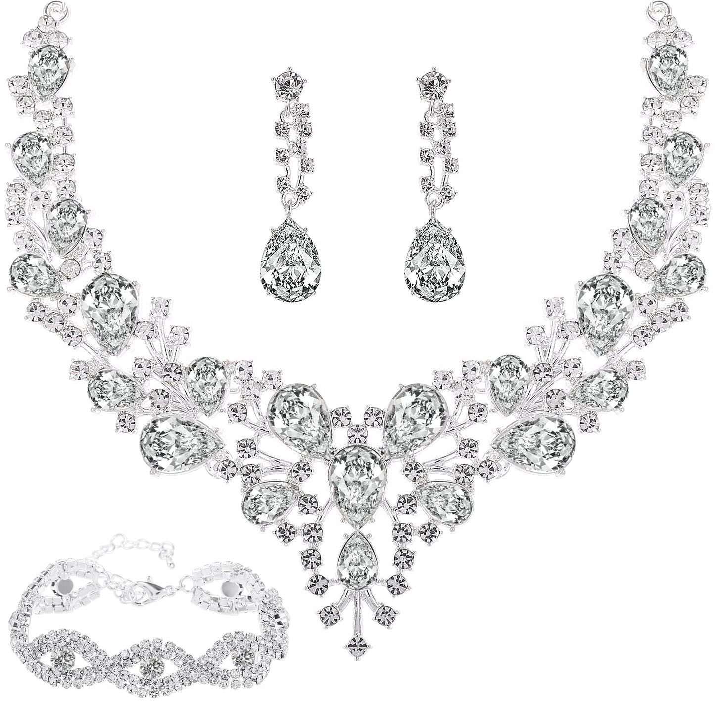 Bride Jewelry Set Rhinestone Wedding Jewelry Set Silver Crystal Wedding Necklace Bracelet Earrings Jewelry Set Bridesmaids Prom Jewelry Set for Women and Girls