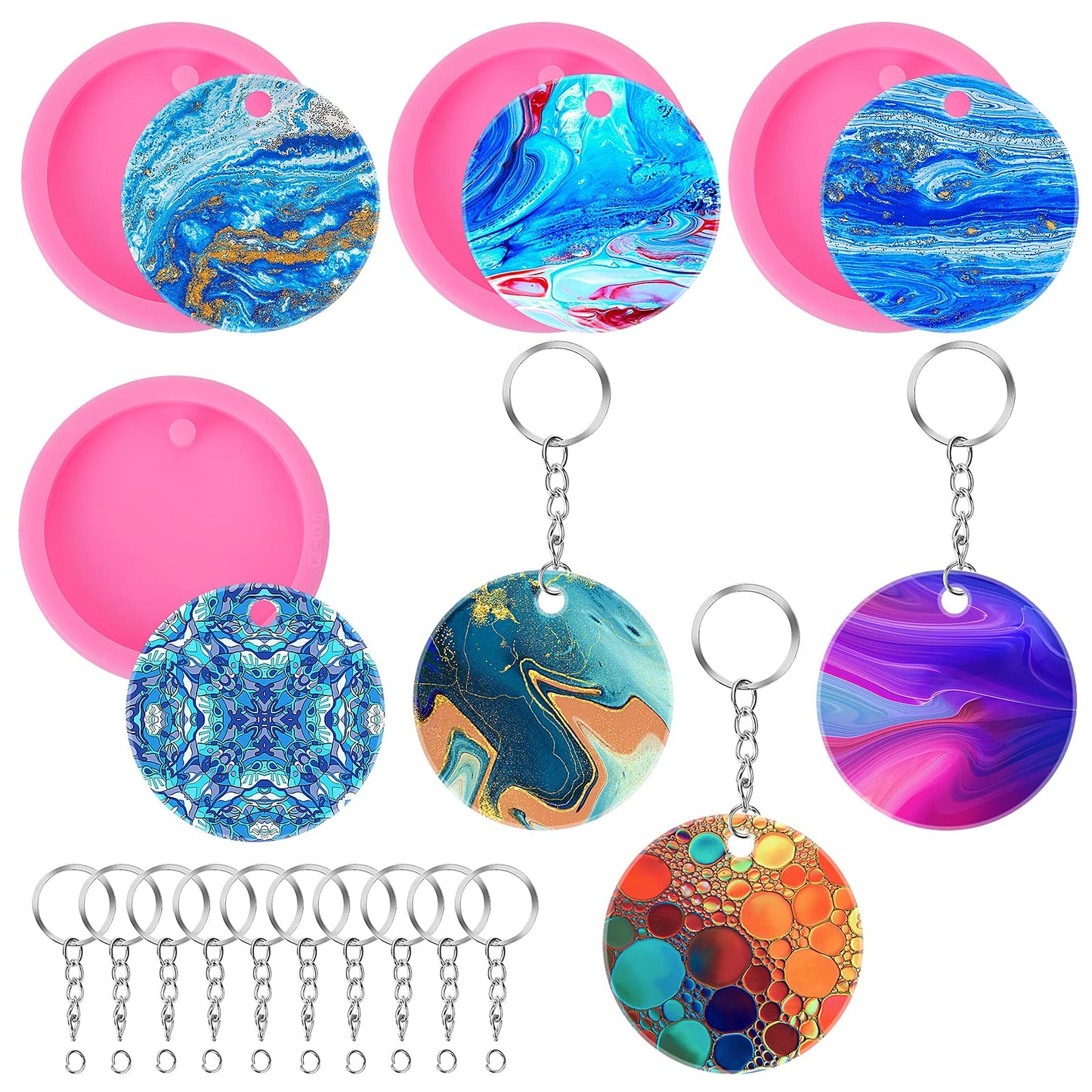 Yolev Resin Molds Silicone Keychain 4 Pcs Round Silicone Epoxy Casting Molds with Hole, Sets of RFID Key Fob/Tracker/Pendant Key Chains with 10 Pieces Key