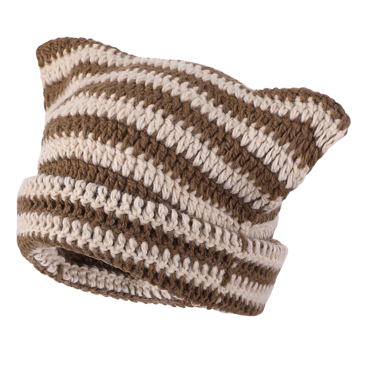 Cute Cat Ear Beanie Lazy Style Y2k Beanies, Winter Warm Crochet Hats for Women Girls Boys (Coffee Brown)