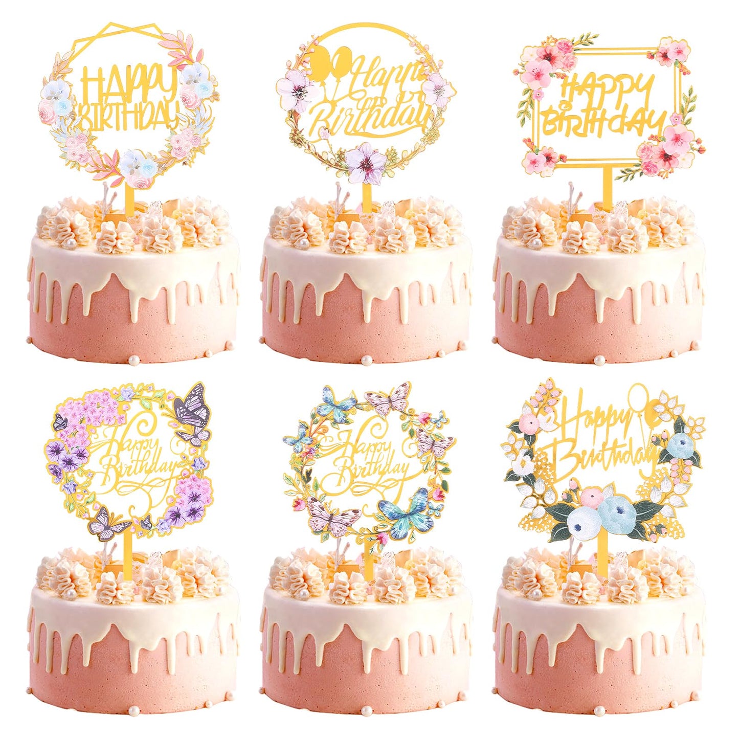 6 Pcs Happy Birthday Cake Toppers Gold Flower Acrylic Cake Toppers Butterfly Cake Toppers for Various Birthday Party Anniversary Cake Pastries Decorations
