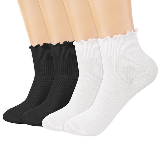 Yolev 3 Pairs Cute Ruffle Ankle Socks for Women Cotton Girls White School Socks White Frilly Lace Top Bows Dance Shimmering Soft Cotton Knit Lettuce Low Cut Frilly Crew Socks