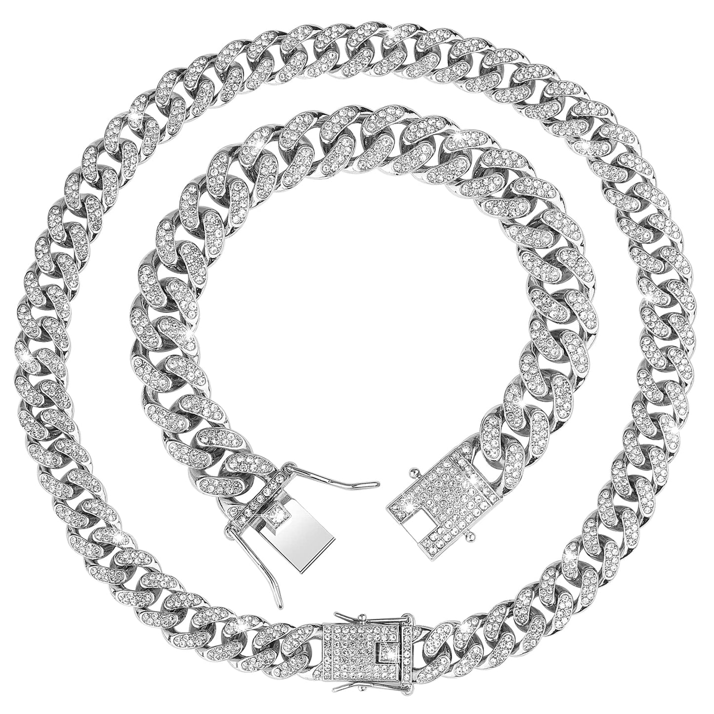 Lusofie 2 Piece 12 mm Cuban Chain Necklace Bracelet Rhinestone Inlaid Necklace Bracelet Heavy Strong Link Miami Chain Necklace Bling Necklace Chain Unisex for Men Women