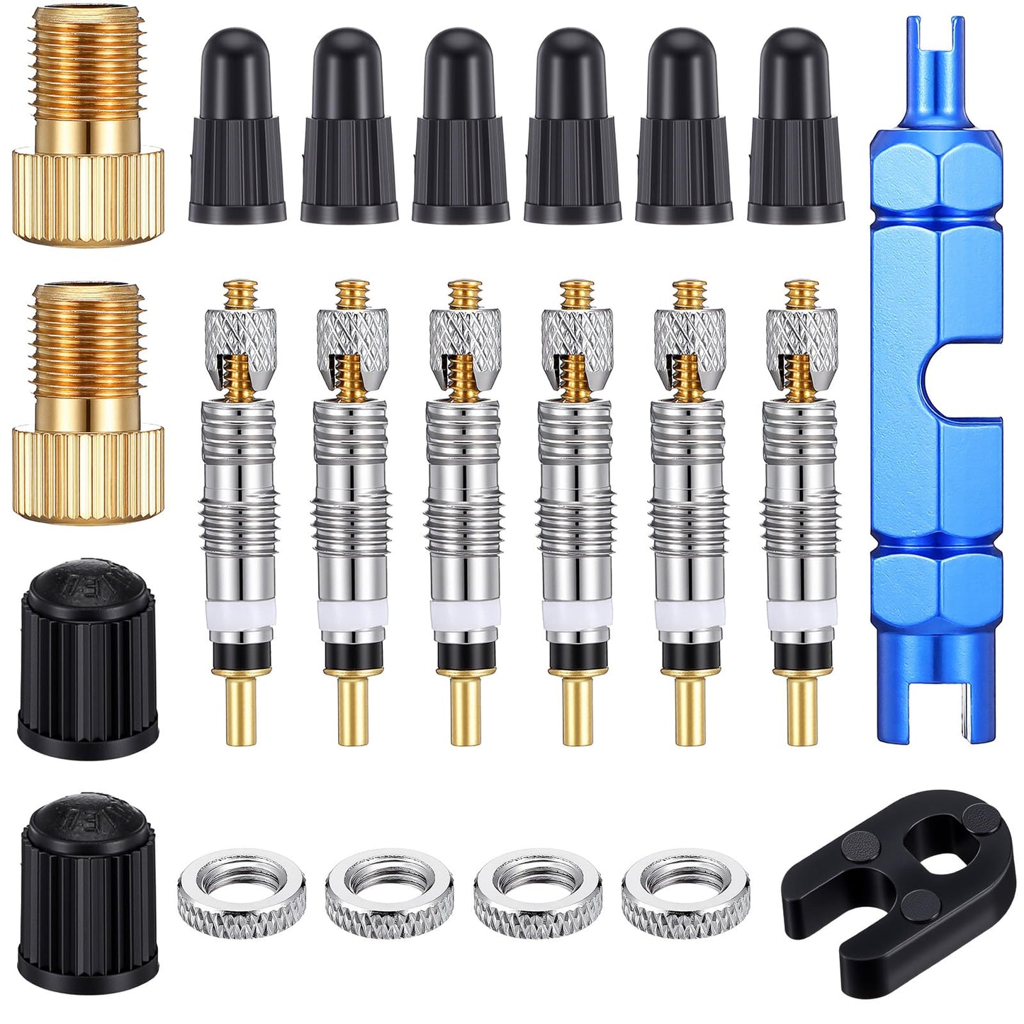 Valve Core Remover Kit - 24 Pack Presta Valve Cores with Tool, Tubeless Brass Adapter & Dust Caps | Universal for Road/MTB Bikes | Sealant-Compatible, Leak-Proof