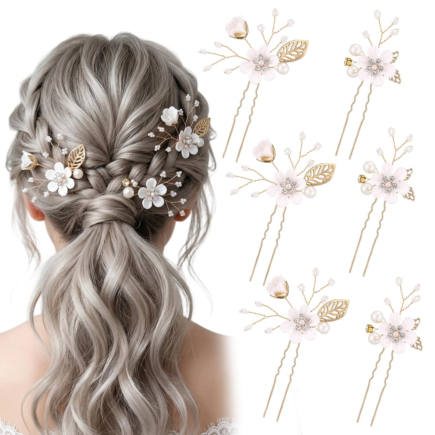6 Pcs Bridal Flower Wedding Hair Pins Pearl Rhinestone Flower Hair Clips