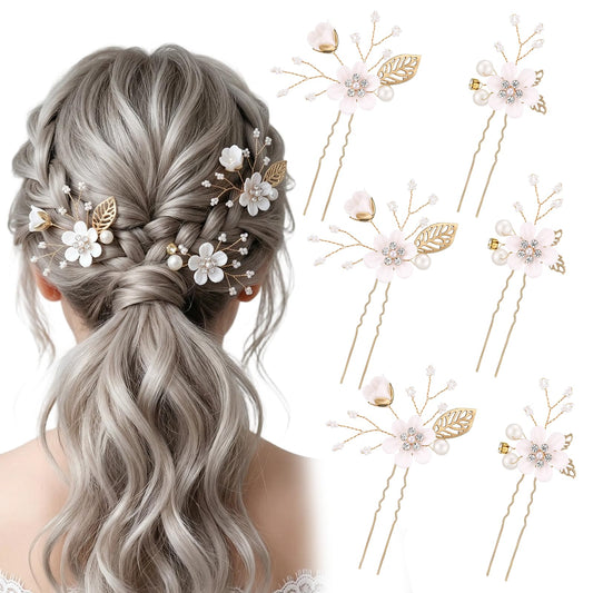 6 Pcs Bridal Flower Wedding Hair Pins Pearl Rhinestone Flower Hair Clips