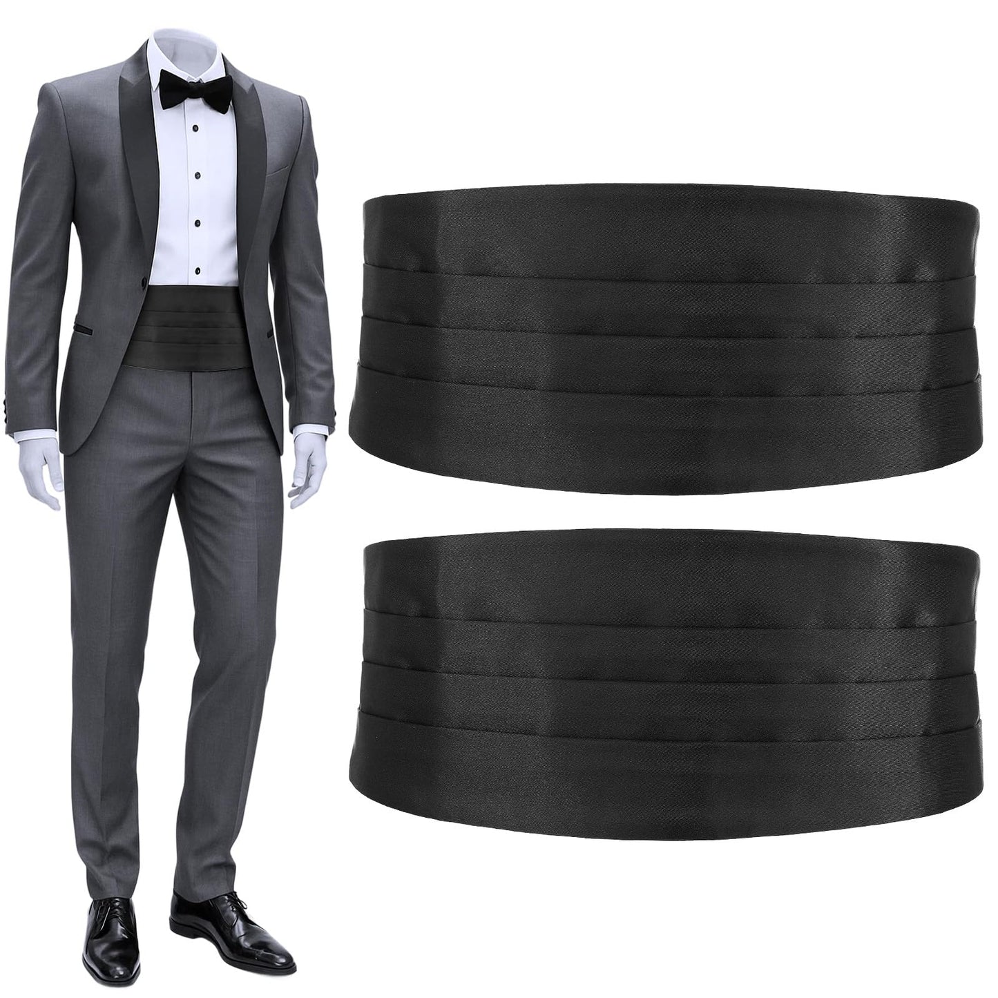 HaiFafafaing 2-Pack Men's Cumberbund Black for Tuxedo Belt Accessories Satin Cummerbund for Weddings Prom and Formal Events