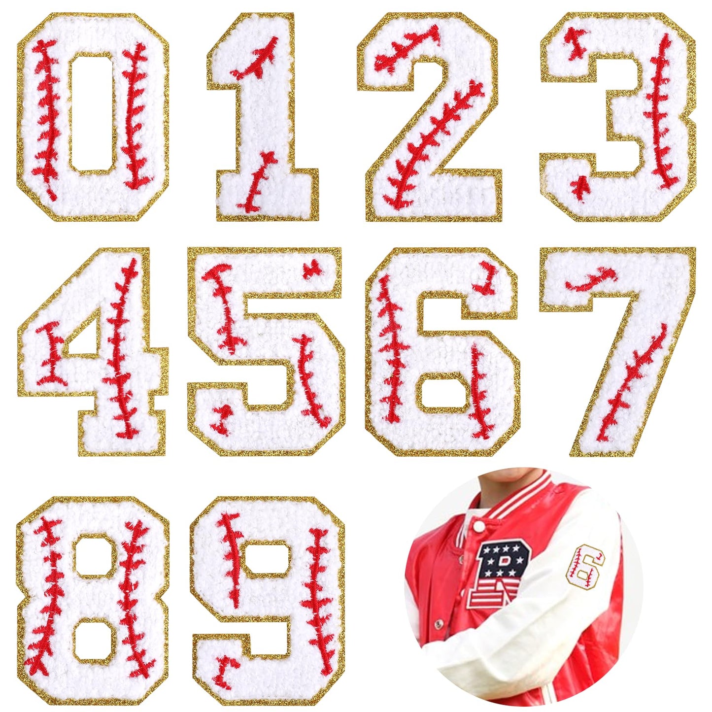 10Pcs Baseball Number Patches 0-9 Baseball Chenille Iron on Patches Gold Edges Varsity Numbers Patches for Hat Jackets DIY Clothing Jeans Repair