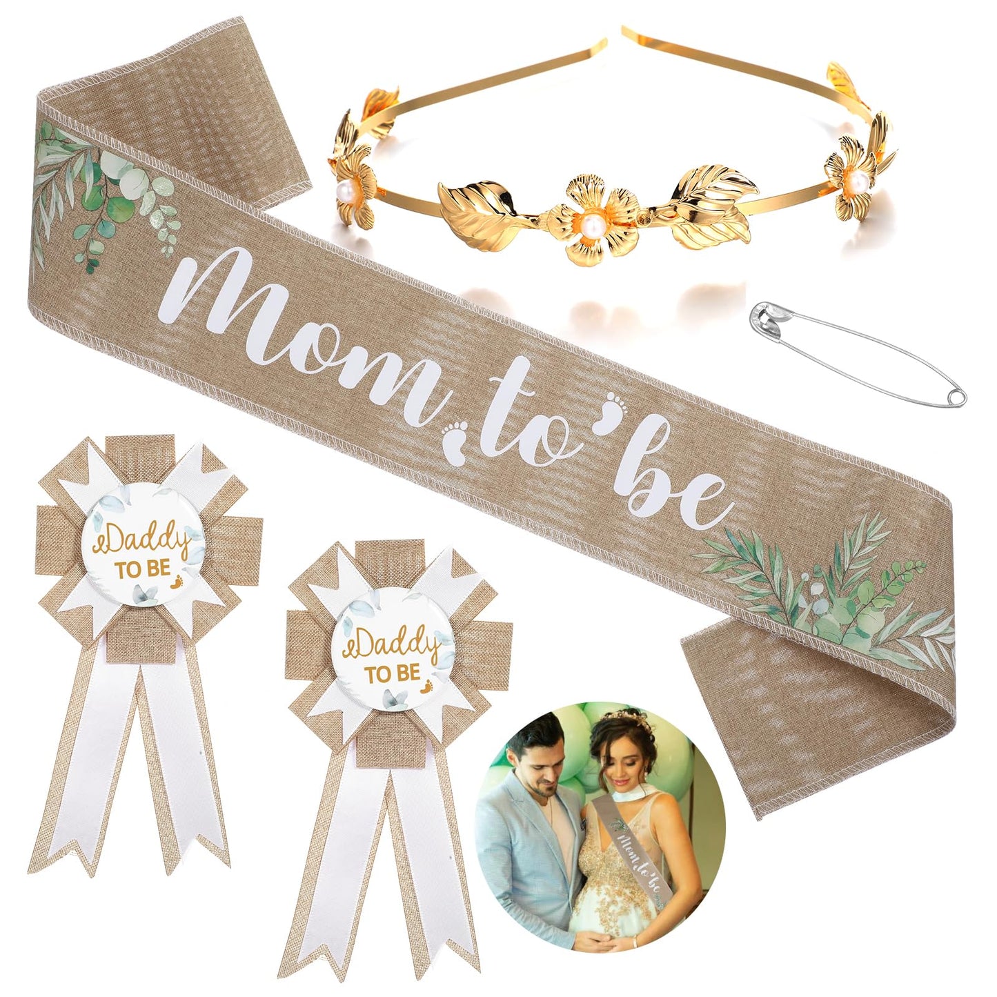 Lusofie Mom to Be Sash Neutral Sage Green Baby Shower Sash for Mommy, Burlap Mommy to Be Sash Baby Shower Headband Corsage Pin Set, Boho Baby Shower Decorations for Pregnant Mommy Gift Party