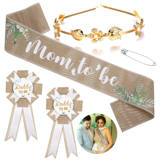 Lusofie Mom to Be Sash Neutral Sage Green Baby Shower Sash for Mommy, Burlap Mommy to Be Sash Baby Shower Headband Corsage Pin Set, Boho Baby Shower Decorations for Pregnant Mommy Gift Party
