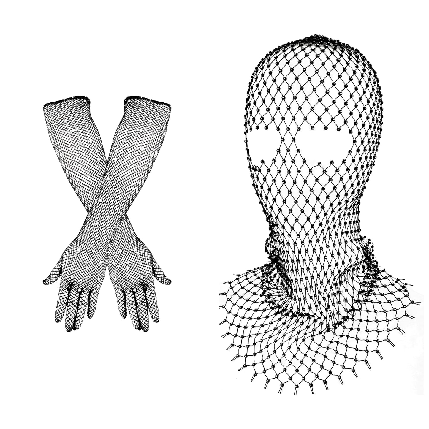 Lusofie Sparkly Crystal Face Mesh Mask with Rhinestone Gloves Sparkly Fishnets Long Gloves Rhinestone Glitter Breathable Headwear for Party Wedding Halloween Costume Body Chain