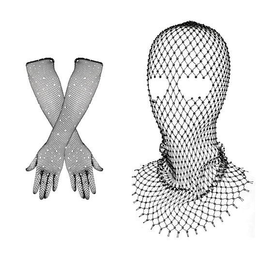 Lusofie Sparkly Crystal Face Mesh Mask with Rhinestone Gloves Sparkly Fishnets Long Gloves Rhinestone Glitter Breathable Headwear for Party Wedding Halloween Costume Body Chain