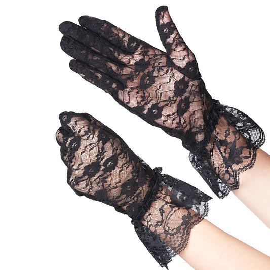 Lusofie Lace Gloves for Women Elegant Short Mesh Gloves Ladies Floral Opera Gloves Women Accessories for Wedding Bridal Opera Party Halloween Costume(Black)