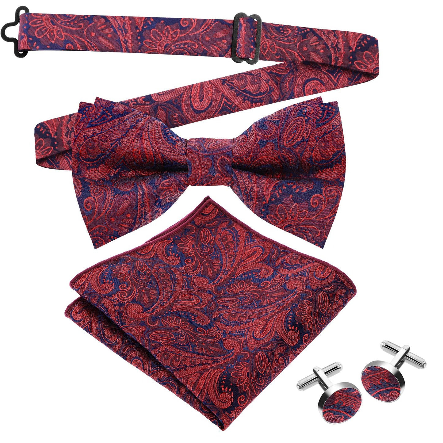 Lusofie Silk Mens Bow Tie Handkerchief Set with Paisley Navy Red Bow Tie Jacquard Pocket Square Cufflinks Set for Men Wedding Prom Business