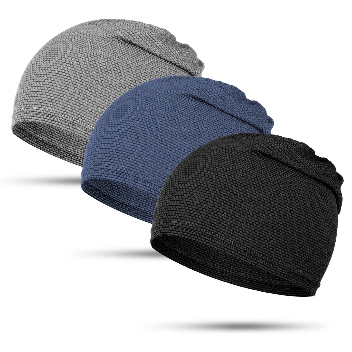 Tucnoeu 3pcs Breathable Skull Cap for Men and Women, Thin Breathable Mesh Beanie, 3D Mesh Sport Cap for Running, Cycling, Football, Helmet Liner, Black, Gray, Navy