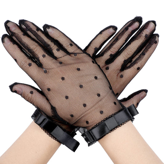 Yolev Women Short Lace Gloves Tea Party Gloves Bridal Wrist Gloves Evening Prom Gloves for Wedding Dinner Party (Black)