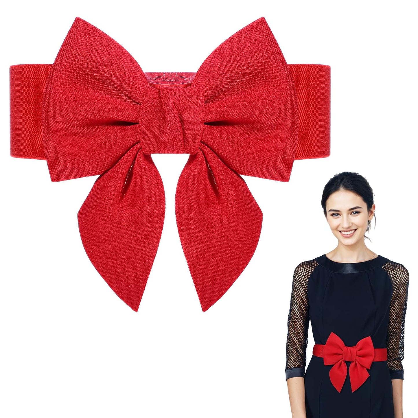 Bow Waist Belt Womens Belts for Dresses Stretchy Bowknot Cinch Waist Belt Satin Sash Belt 2.36'' Wide For Women Ladies Special Occasion Bridal Wedding Prom Formal (Red)
