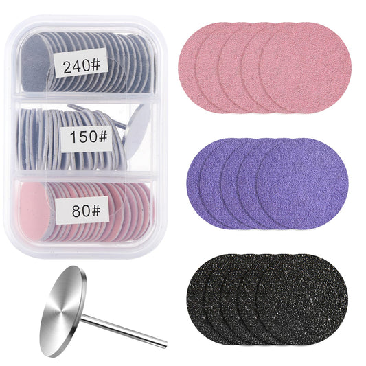 60 Pcs Sanding Paper Discs with Flat Nail Drill Bit Replacement Foot File Sandpaper Disc #80#150#240 Grits Round Sanding Discs Foot Files Replacement Sandpaper Discs for Manicure Pedicure Tools