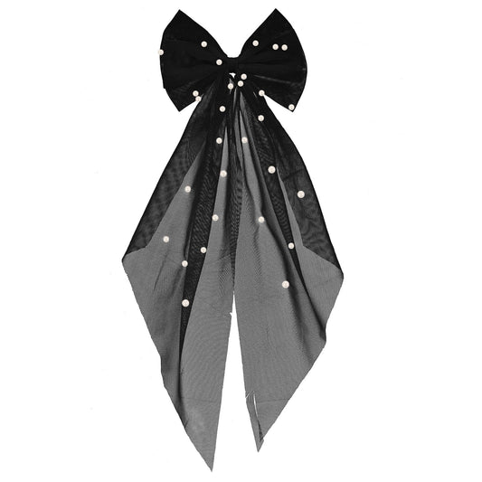 Big Bow Bridal Veil Pearl Hair Clip Veil Bridal Shower Gift Wedding Veil Bride Bridesmaid Hair Accessories Large Hair Bow with Barrette Pre-wedding Party Decorations (Black)