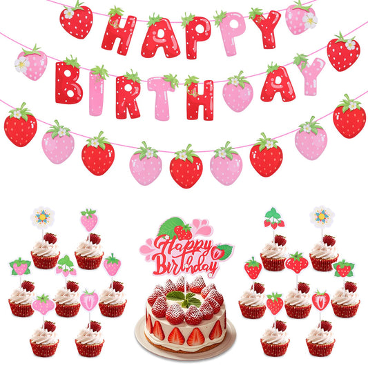 strawberry party decorations Include Strawberry Birthday Banner Cake Toppers Cupcake Toppers strawberry birthday decor strawberry shortcake party decorations for Decoration Supplies