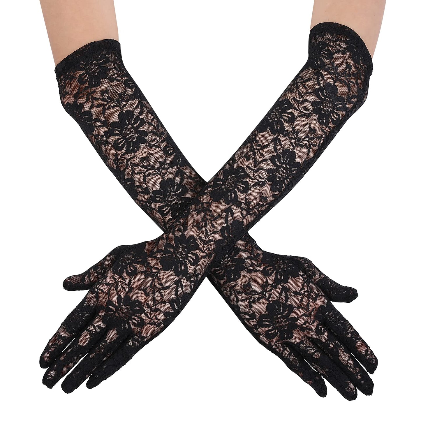 Women's Long Lace Gloves Floral Lace Gloves Bridal Wedding Gloves Prom Opera Mittens for Women Tea Party Halloween Costumes Prom Masquerade (Black)