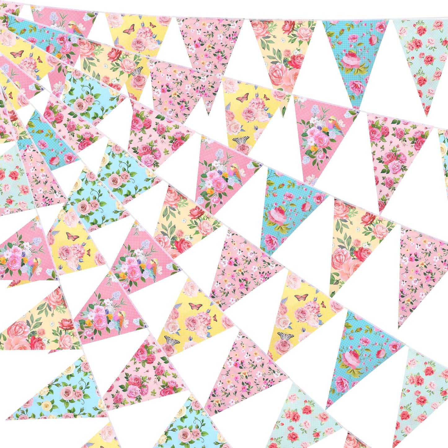 49Ft Triangle Bunting Banner, 60 Pcs Paper Tea Party Decorations Bunting Banner Floral Pennant Garlands Garden Party Decor Supplies for Wonderland Garden Baby Shower Wedding Outdoor