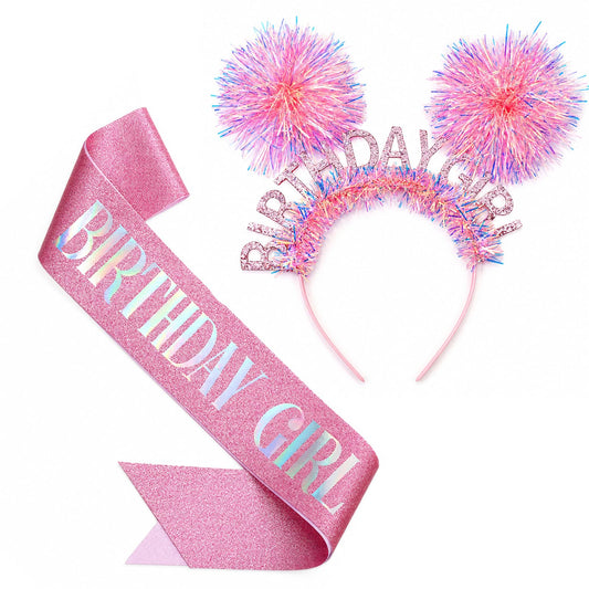 Birthday Girl Crown and Sash Sparkly Pink Pom-Pom Birthday Tiara and Sash