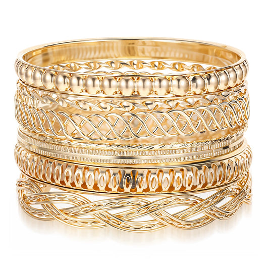 7Pcs Gold Bangles Bracelets for Women, Multi Layer Stackable Gold Plated Bangles Bracelet Set, Non Tarnish Textured Boho Indian Jewelry Gift for Women