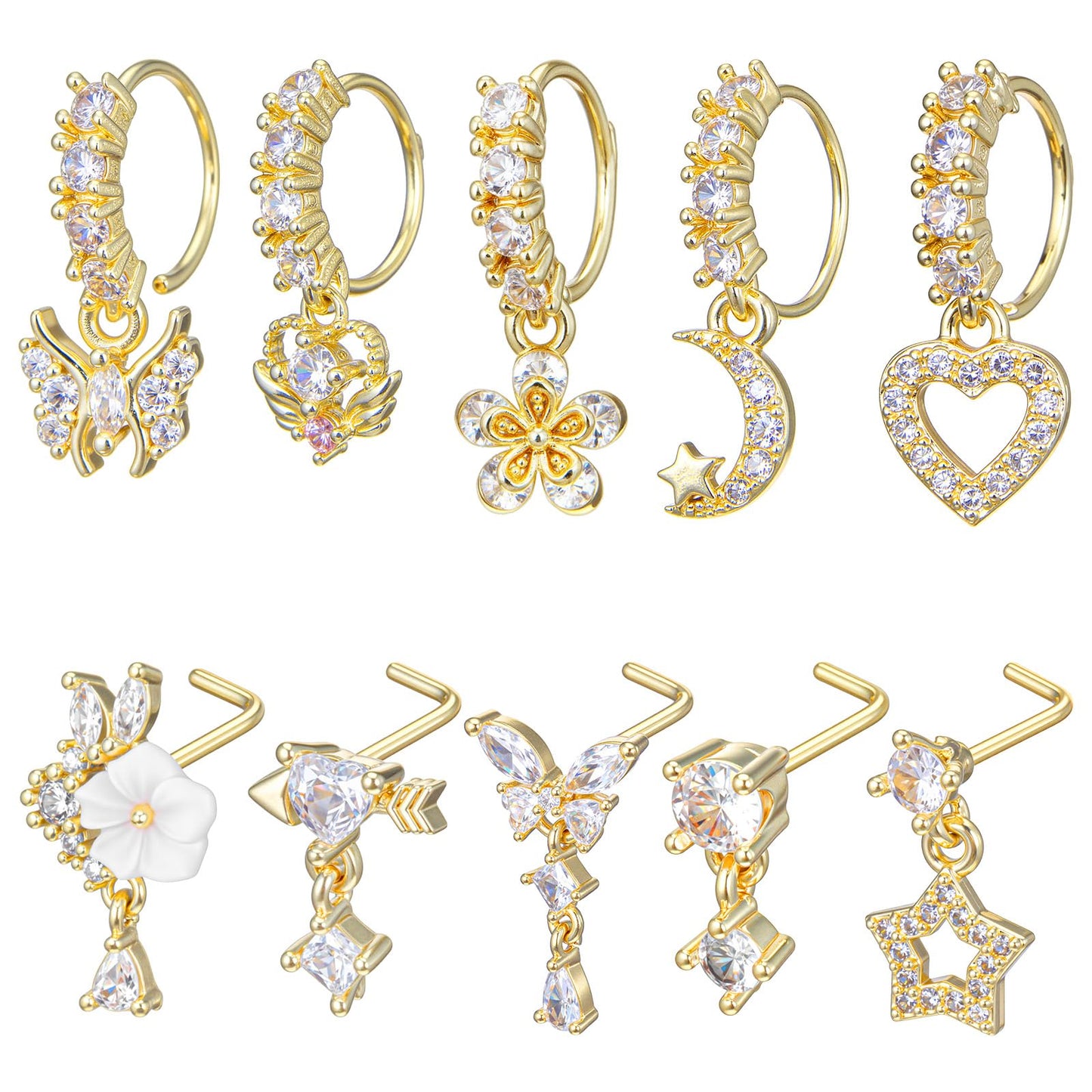 Fiyooau 10Pcs 20g Dangle Nose Ring Hoops L Shaped Nose Studs Copper CZ Flower Star Butterfly Heart Dangly Nose Piercing Cute Indian Piercing Jewelry for Women