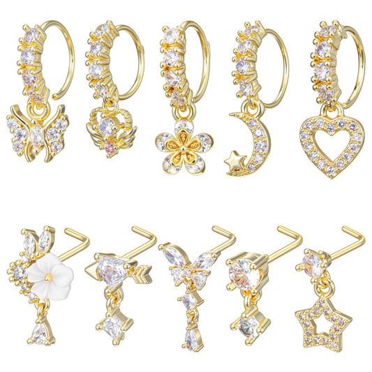 Fiyooau 10Pcs 20g Dangle Nose Ring Hoops L Shaped Nose Studs Copper CZ Flower Star Butterfly Heart Dangly Nose Piercing Cute Indian Piercing Jewelry for Women