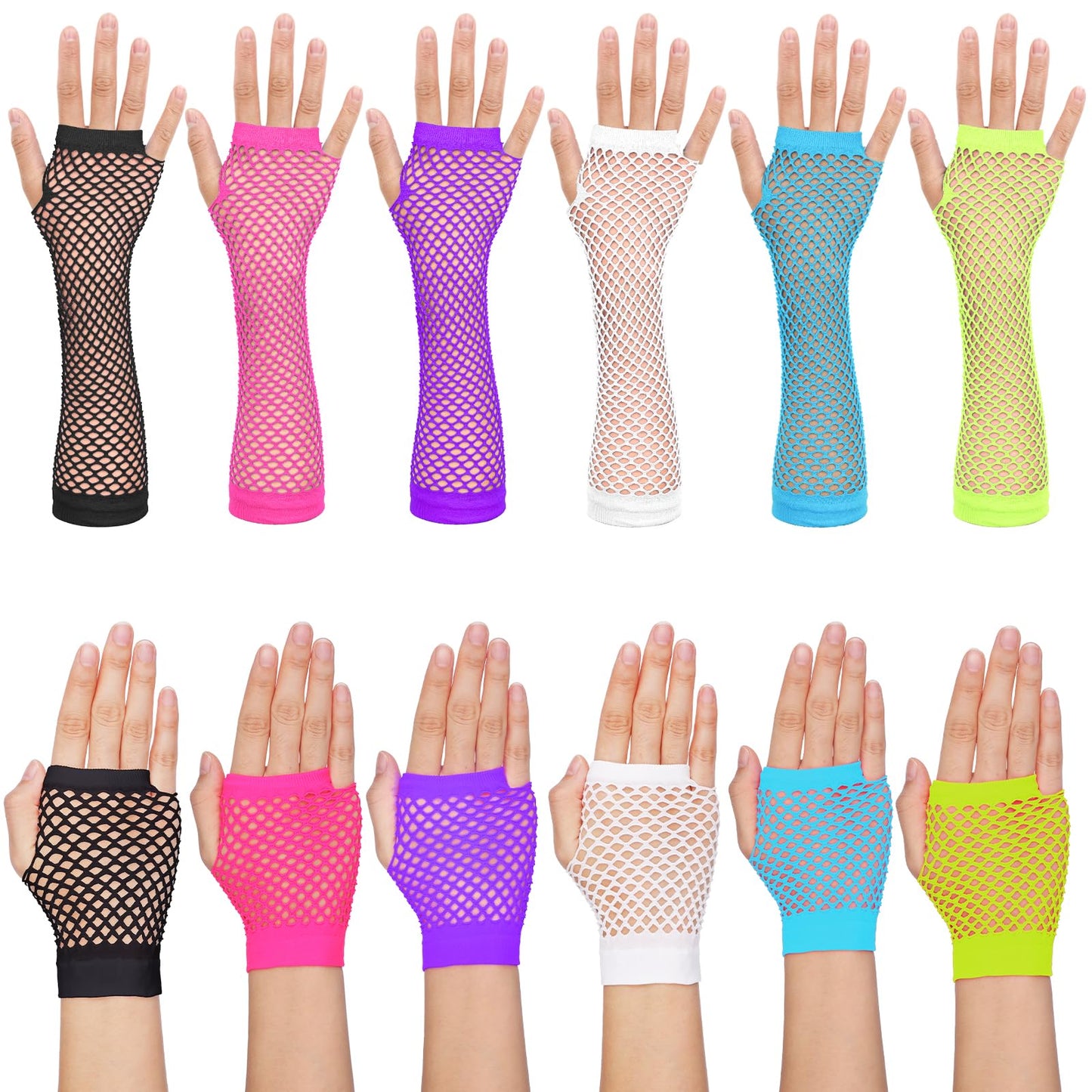 12 Pairs 80s 90s Fishnet Mesh Gloves Stretchy Neon Fingerless Gloves for 80s Party Costumes Accessories for Women and Girls (Long and Short)