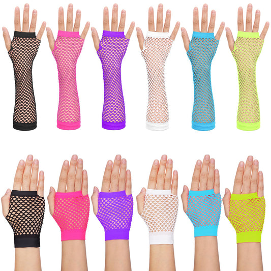 12 Pairs 80s 90s Fishnet Mesh Gloves Stretchy Neon Fingerless Gloves for 80s Party Costumes Accessories for Women and Girls (Long and Short)