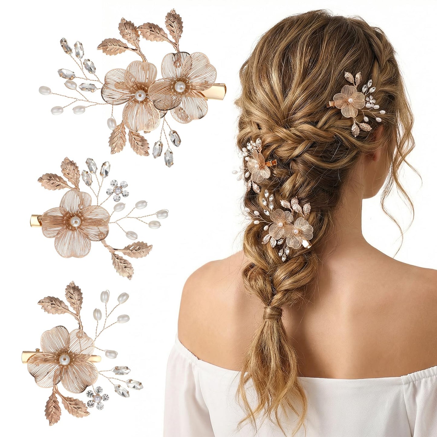 3Pcs Gold Flower Bride Wedding Hair Clip Crystal Rhinestones Accessories