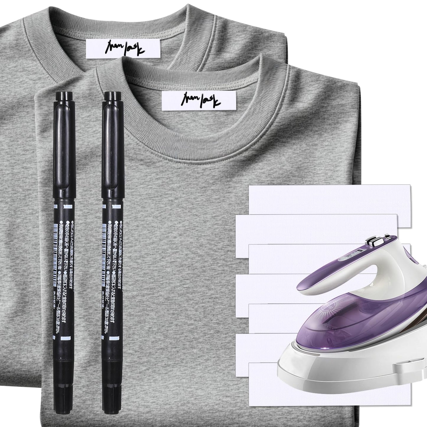 100Pcs Writable Iron on Labels for Clothing, Pre-Cut Iron on Clothing Labels Personalized Laundry Labels Washable Fabric Labels with 2Pcs Permanent Markers for Nursing Home School, 1.75 x 0.59Inch