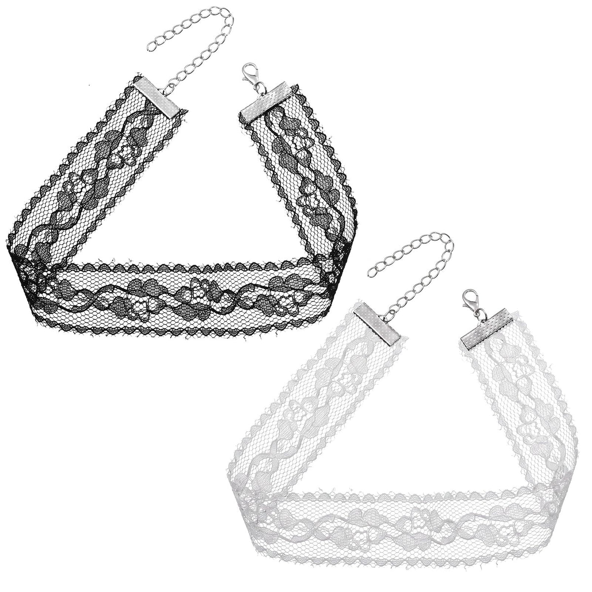 2Pcs Black White Lace Choker Wide Lace Necklace with Adjustable Extended Chain Vintage Gothic Laces Choker Necklace, Hollow Laces Choker Necklaces for Woman Lolita Costume Halloween Cosplay Jewelry
