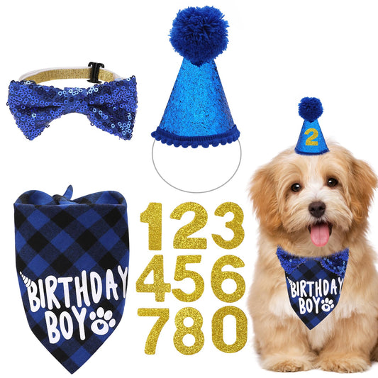 Dog Birthday Bandana Dog Birthday Hat Boy Dog Party Birthday Numbers Hat Bow Tie for Pet Puppy Cat Birthday Party Decorations, Pet Costumes Headwear Accessories