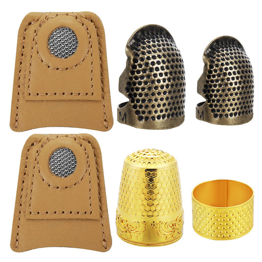6 Piece Sewing Thimble Adjustable Metal Finger Shield Ring and Leather Coin Finger Protectors, Sewing Thimble Cap for Knitting Quilting DIY Craft Tools