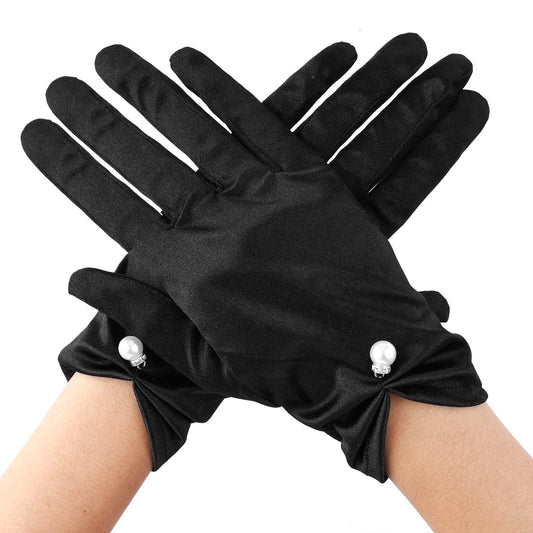 Yolev Short Satin Gloves Wrist Length Gloves Women's Gown Gloves Opera Wedding Banquet Dress Glove for Wedding Opera Dinner Party (Black)