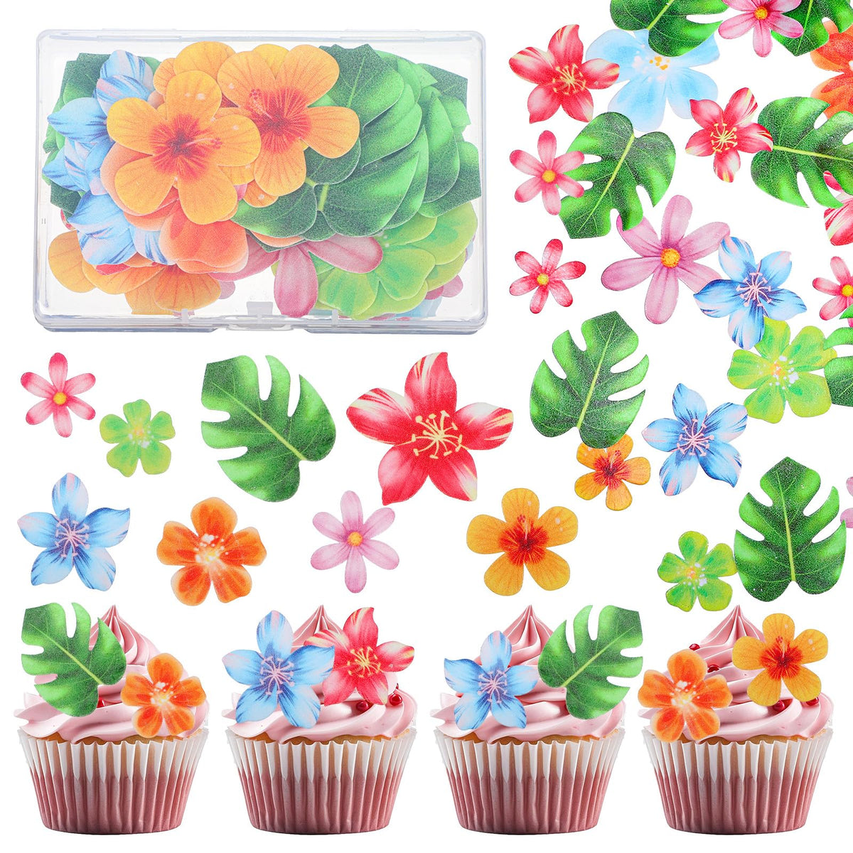 60 Pcs Edible Hawaiian Flowers Cake Decorations Monstera Tropical Palm Leaves Flowers Cupcake Toppers Tropical Turtle Leaves Hawaii Flower Cake Topper for Jungle Summer Theme Wedding Birthday Party