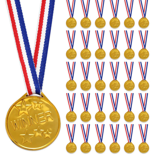 Yolev 30 Pieces Gold Plastic Winner Award Medals, Winner Awards for Sports, Games Competition, Talent Show, Spelling Bee, Gymnastic Party Favors, and Decorations