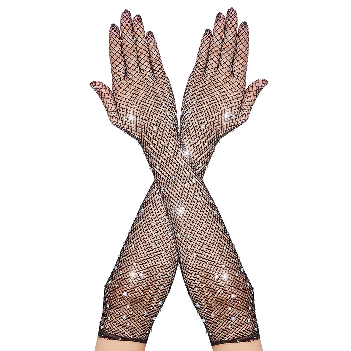 Rhinestones Long Fishnet Gloves Fish Net Gloves Full Finger Long Gloves for Women Mesh Glove for Evening Party (Black)