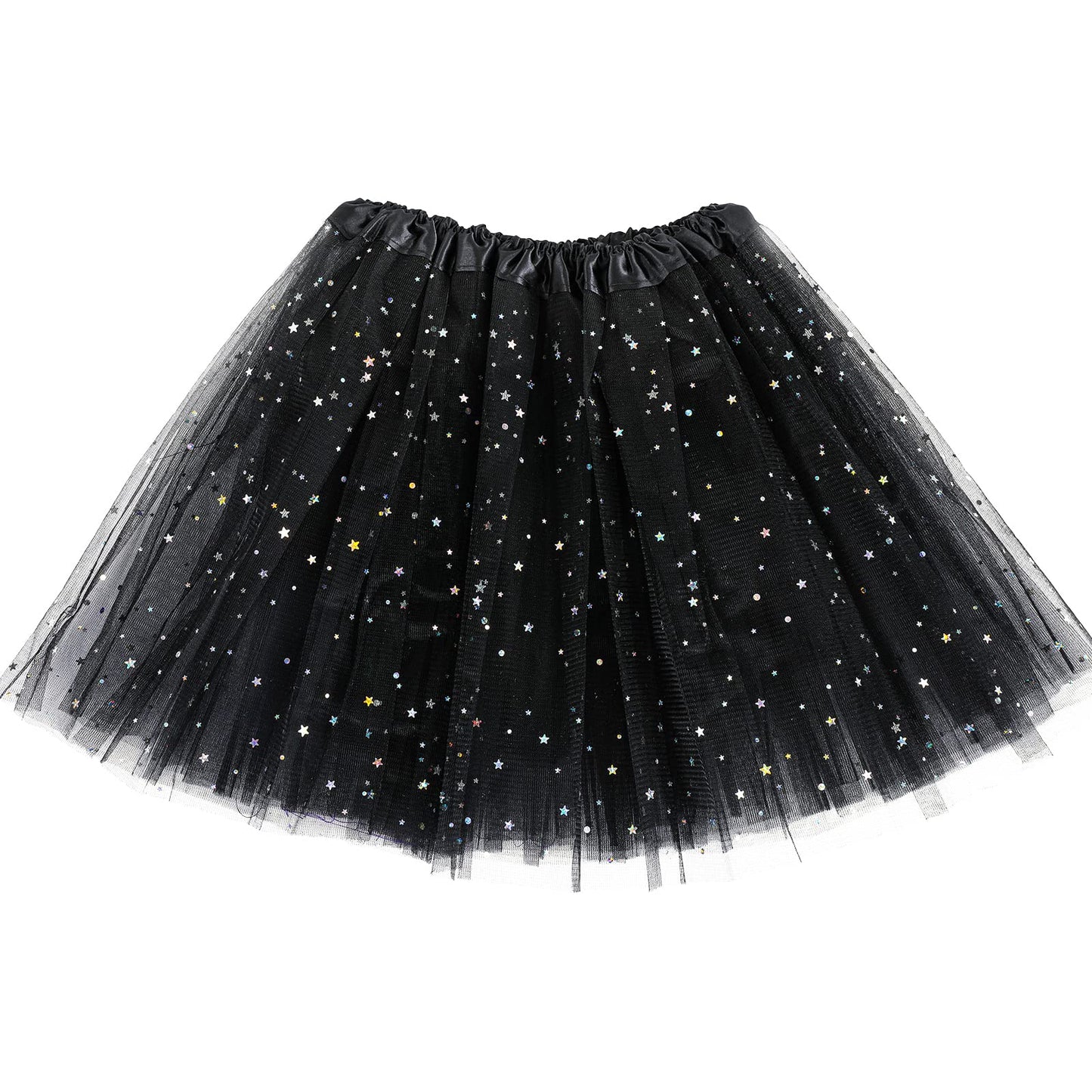 Yolev Tutu Skirts for Women Girls Adult Elastic 3 Layered Tulle Tutu Skirt with Sequin Stars Retro 80's Layered Bubble Skirt Running Skirt (Black)