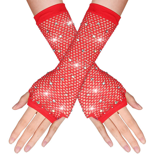 Yolev Rhinestones Long Fishnet Fingerless Gloves Sparkly Glitter Fish Net Gloves for 80s Fancy Dress Party Costume (Red)